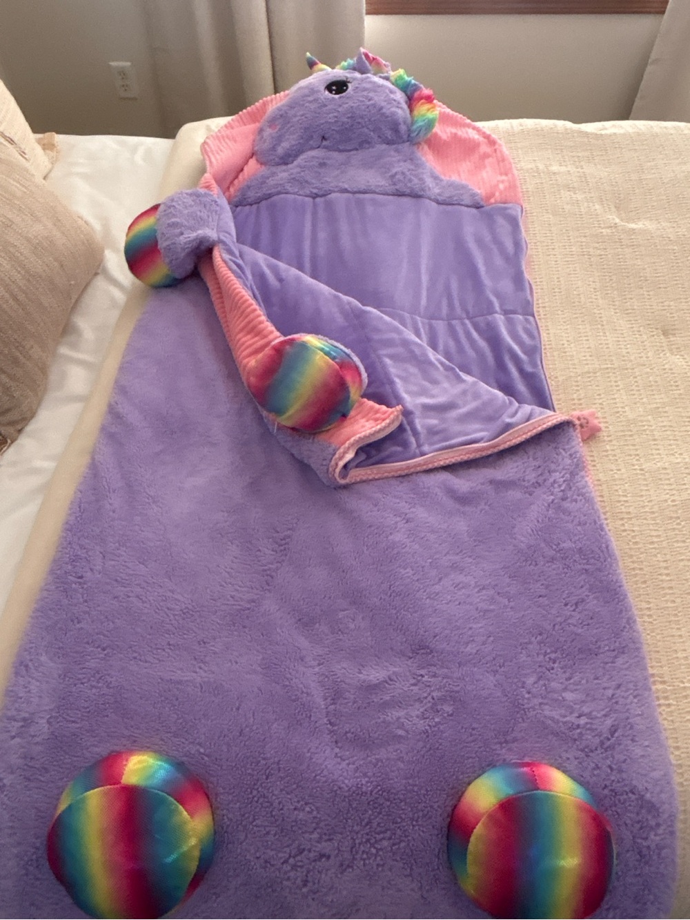 HugFun Unicorn Plush Sleeping Bag Kids Purple Pink Rainbow 66x28 Slumber Bag